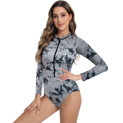 New Women Front Zipper Long Sleeve 1 Piece Swimwear Beach Triangle Bathing Suits